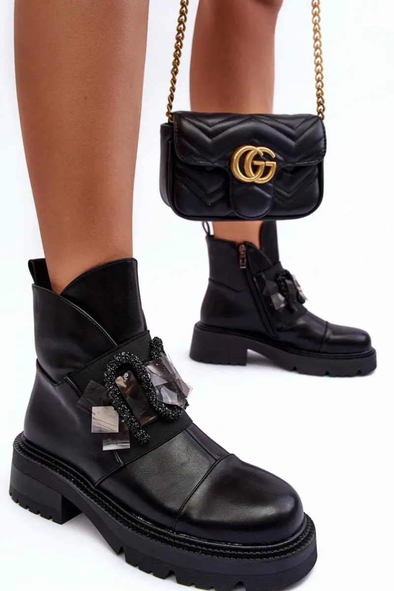 Clearance Skórzane Zdobione Botki Na Płaskim Obcasie I Platformie S.Barski MR870-46 Czarne Damskie Botki Ocieplane|Czarne Botki