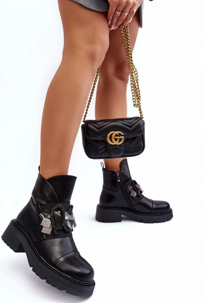 Clearance Skórzane Zdobione Botki Na Płaskim Obcasie I Platformie S.Barski MR870-46 Czarne Damskie Botki Ocieplane|Czarne Botki