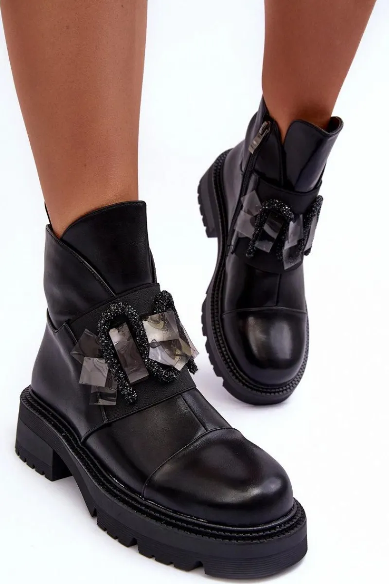 Clearance Skórzane Zdobione Botki Na Płaskim Obcasie I Platformie S.Barski MR870-46 Czarne Damskie Botki Ocieplane|Czarne Botki