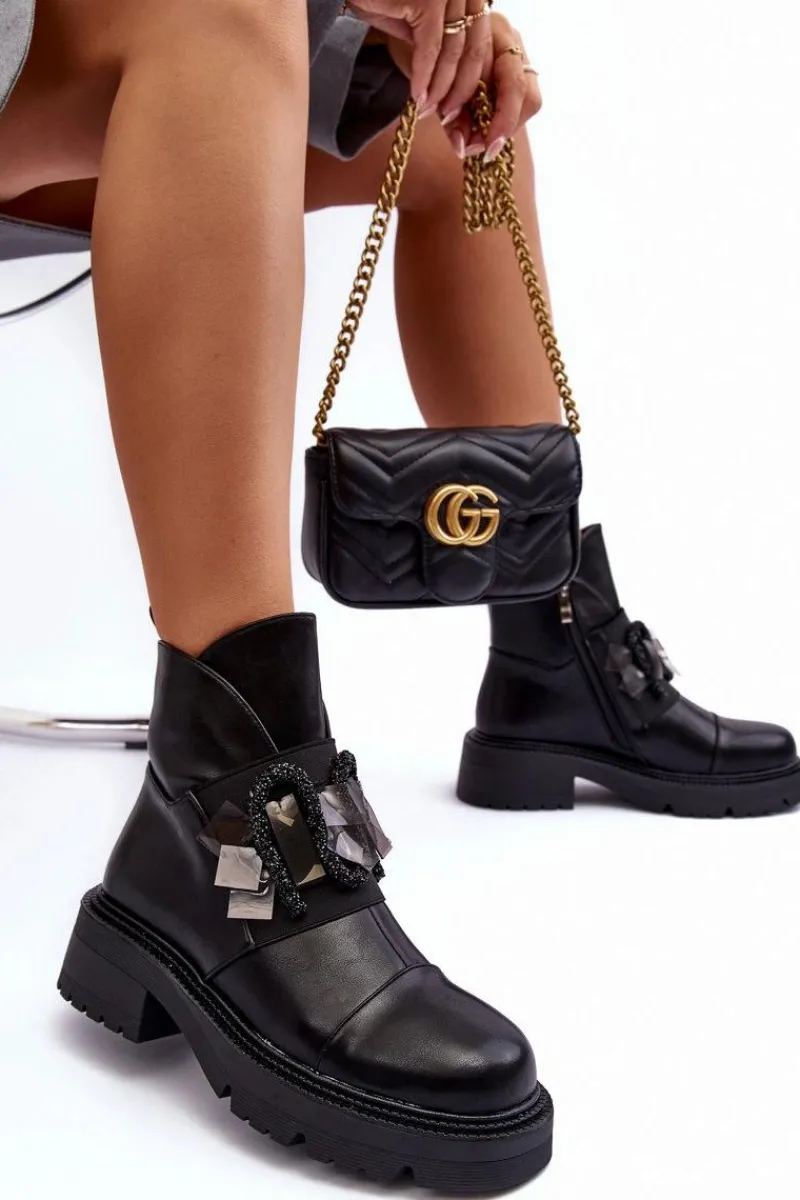 Clearance Skórzane Zdobione Botki Na Płaskim Obcasie I Platformie S.Barski MR870-46 Czarne Damskie Botki Ocieplane|Czarne Botki