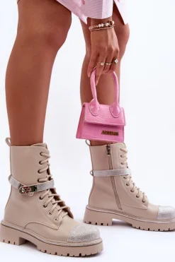 Botki Ocieplane|Damskie Trapery></noscript>Boto Skórzane Zdobione Botki Workery Damskie Beżowe Totah Beżowy