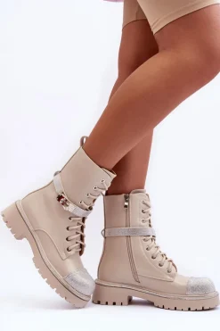 Botki Ocieplane|Damskie Trapery></noscript>Boto Skórzane Zdobione Botki Workery Damskie Beżowe Totah Beżowy