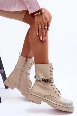 Botki Ocieplane|Damskie Trapery></noscript>Boto Skórzane Zdobione Botki Workery Damskie Beżowe Totah Beżowy