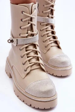 Botki Ocieplane|Damskie Trapery></noscript>Boto Skórzane Zdobione Botki Workery Damskie Beżowe Totah Beżowy