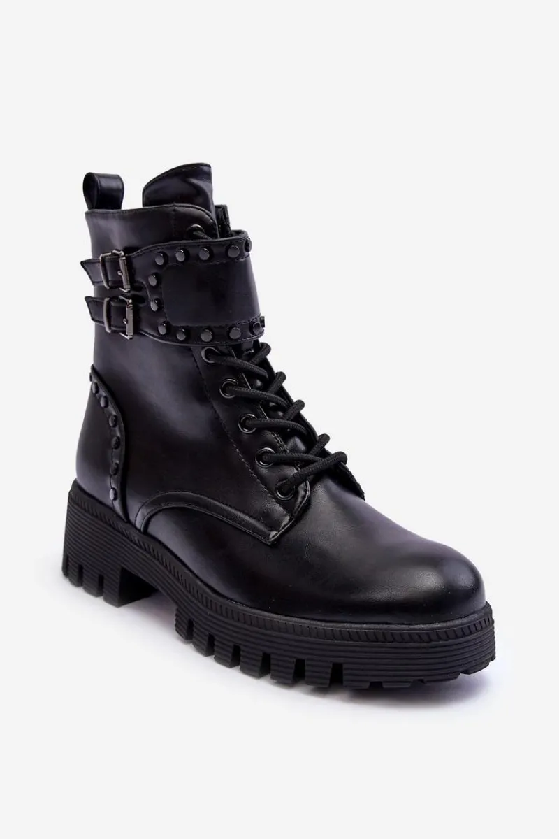 Sale Boto Skórzane Zdobione Botki Workery Czarne Carshena