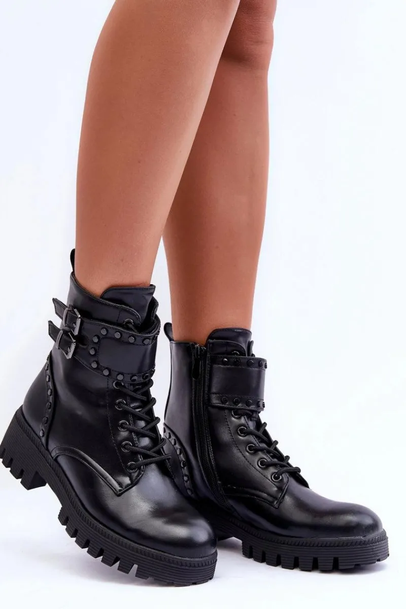 Sale Boto Skórzane Zdobione Botki Workery Czarne Carshena