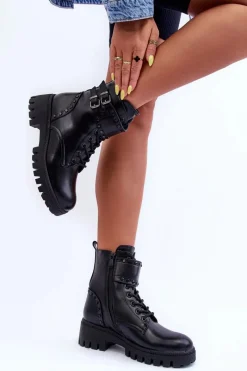 Sale Boto Skórzane Zdobione Botki Workery Czarne Carshena