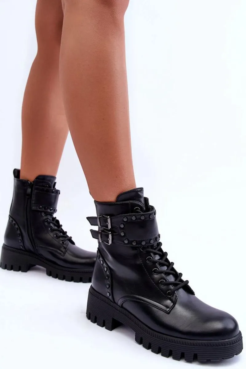 Sale Boto Skórzane Zdobione Botki Workery Czarne Carshena