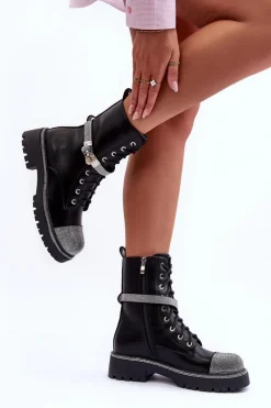 Damskie Trapery|Botki Sznurowane>Boto Skórzane Zdobione Botki Workery Damskie Czarne Totah