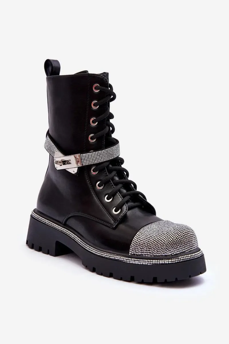 Damskie Trapery|Botki Sznurowane>Boto Skórzane Zdobione Botki Workery Damskie Czarne Totah