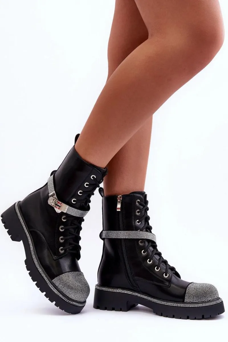Damskie Trapery|Botki Sznurowane>Boto Skórzane Zdobione Botki Workery Damskie Czarne Totah