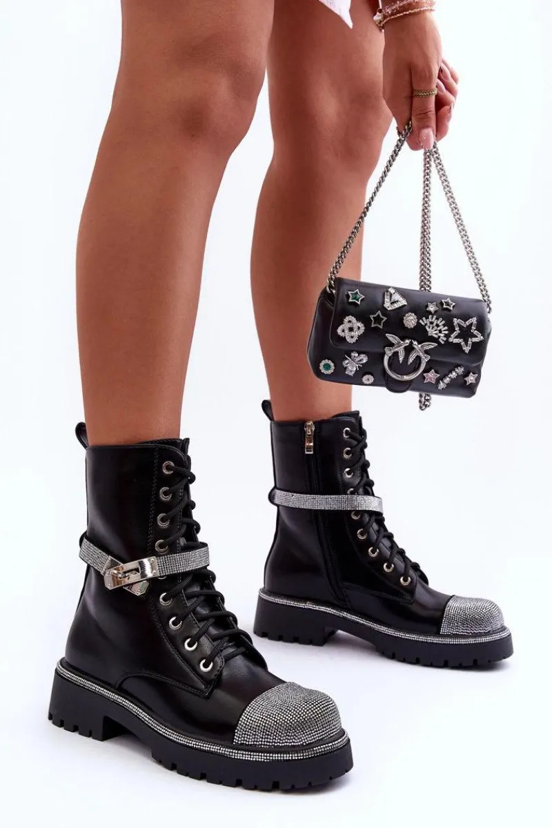 Damskie Trapery|Botki Sznurowane>Boto Skórzane Zdobione Botki Workery Damskie Czarne Totah