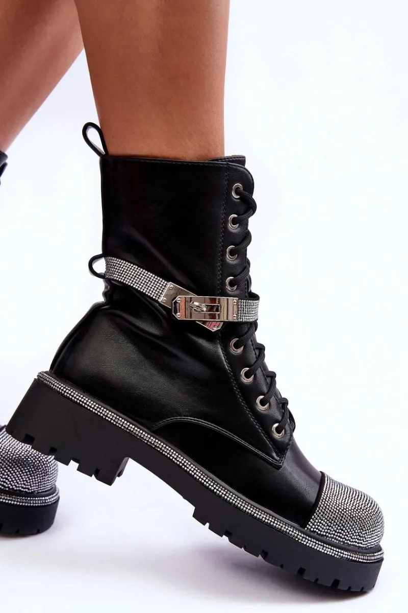 Damskie Trapery|Botki Sznurowane>Boto Skórzane Zdobione Botki Workery Damskie Czarne Totah