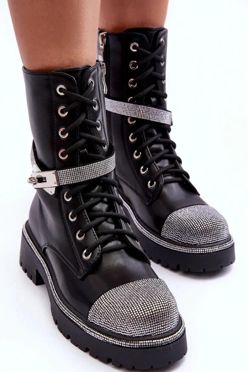 Damskie Trapery|Botki Sznurowane>Boto Skórzane Zdobione Botki Workery Damskie Czarne Totah