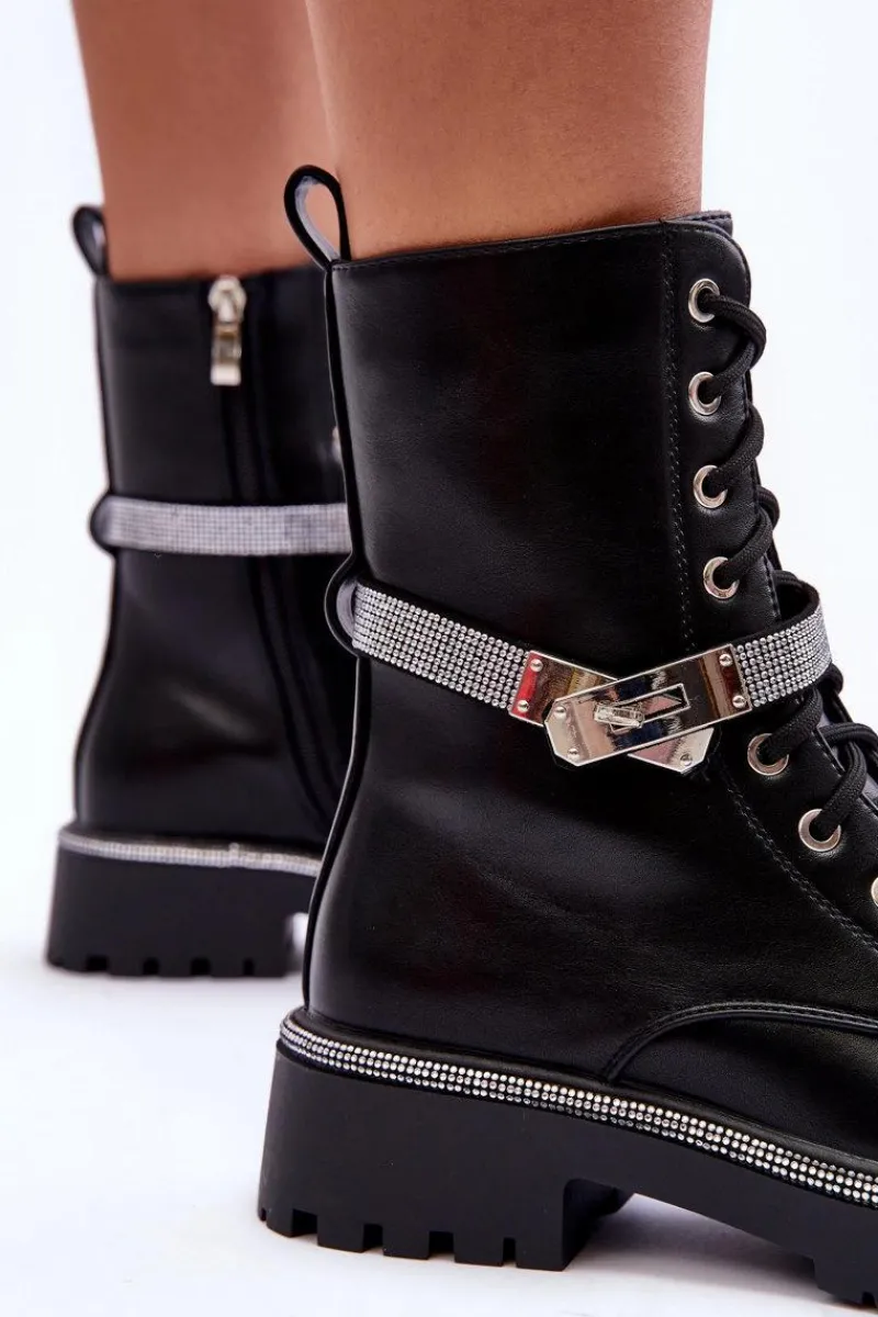 Damskie Trapery|Botki Sznurowane>Boto Skórzane Zdobione Botki Workery Damskie Czarne Totah