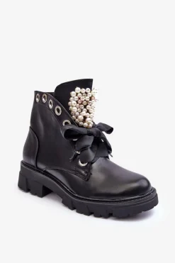 Hot Boto Skórzane Zdobione Niskie Botki Na Płaskim Obcasie Czarne Binga