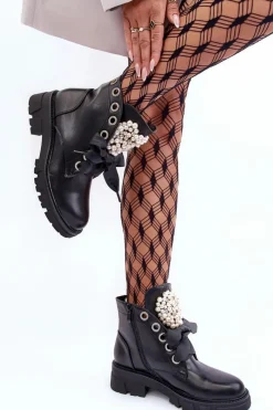 Hot Boto Skórzane Zdobione Niskie Botki Na Płaskim Obcasie Czarne Binga