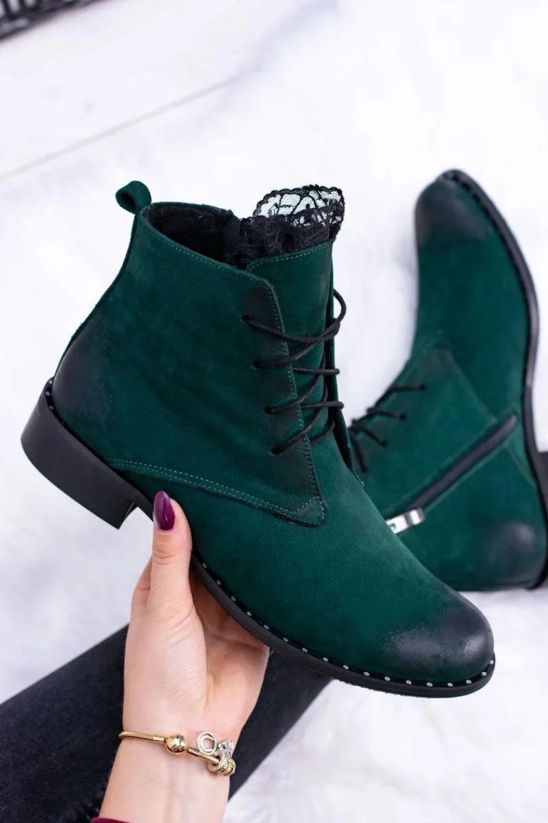 Sale Boto Skórzane Zielone Damskie Botki Z Koronką Millano