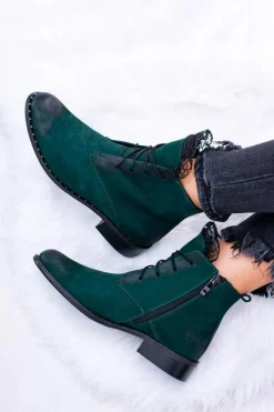 Sale Boto Skórzane Zielone Damskie Botki Z Koronką Millano