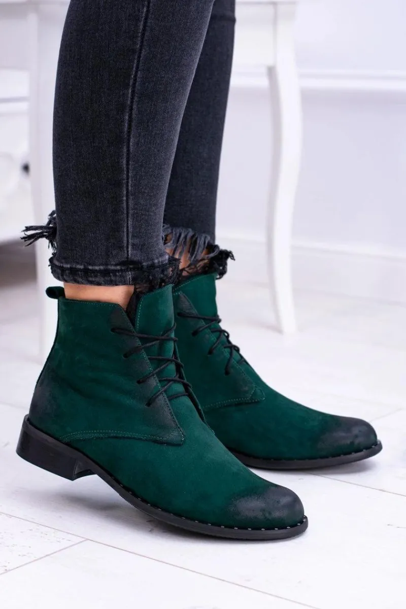 Sale Boto Skórzane Zielone Damskie Botki Z Koronką Millano