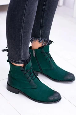 Sale Boto Skórzane Zielone Damskie Botki Z Koronką Millano