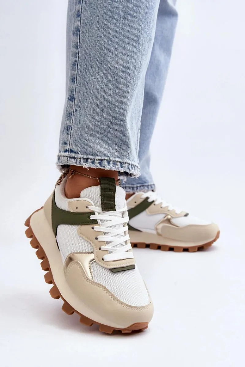 Sneakersy Damskie>Boto Sneakersy Buty Sportowe Damskie Beżowo-Zielone Ralita Beżowy
