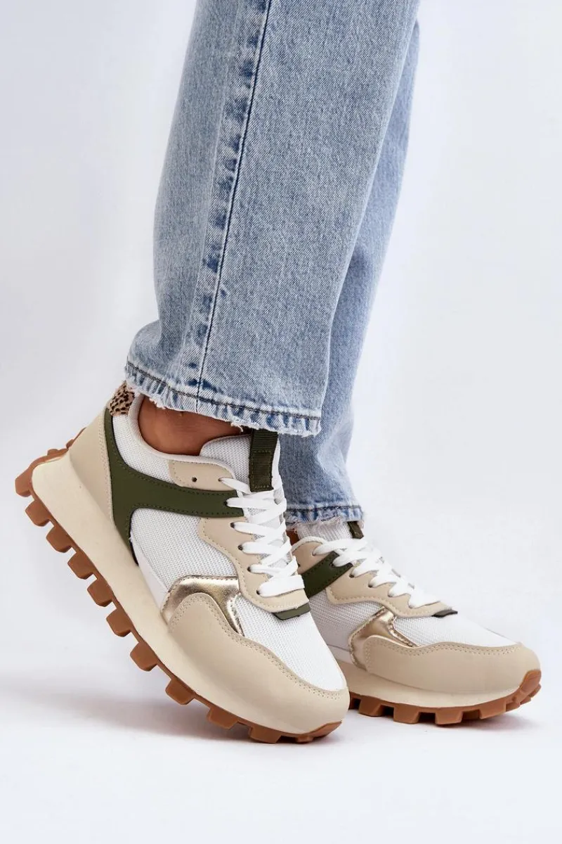 Sneakersy Damskie>Boto Sneakersy Buty Sportowe Damskie Beżowo-Zielone Ralita Beżowy