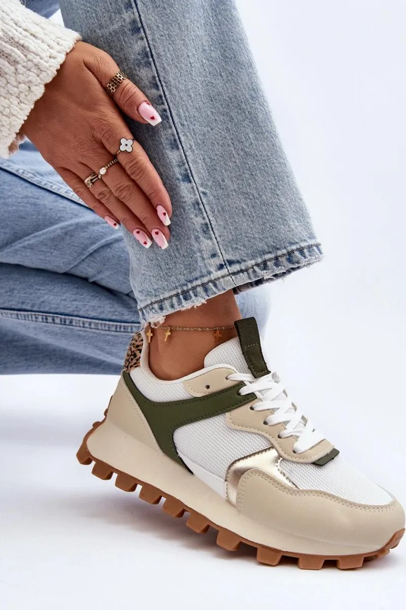 Sneakersy Damskie>Boto Sneakersy Buty Sportowe Damskie Beżowo-Zielone Ralita Beżowy