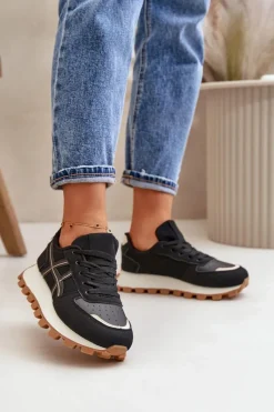 Sneakersy Damskie>Boto Sneakersy Buty Sportowe Damskie Sznurowane Na Platformie Czarne Mialunae