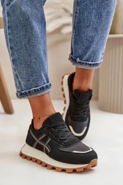 Sneakersy Damskie>Boto Sneakersy Buty Sportowe Damskie Sznurowane Na Platformie Czarne Mialunae