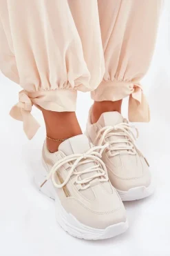 Sale Sneakersy Buty Sportowe Damskie Na Grubej Podeszwie Beżowe Lerila Damskie Buty Sportowe Na Platformie|Sneakersy Damskie