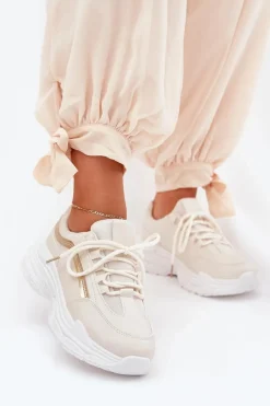 Sale Sneakersy Buty Sportowe Damskie Na Grubej Podeszwie Beżowe Lerila Damskie Buty Sportowe Na Platformie|Sneakersy Damskie