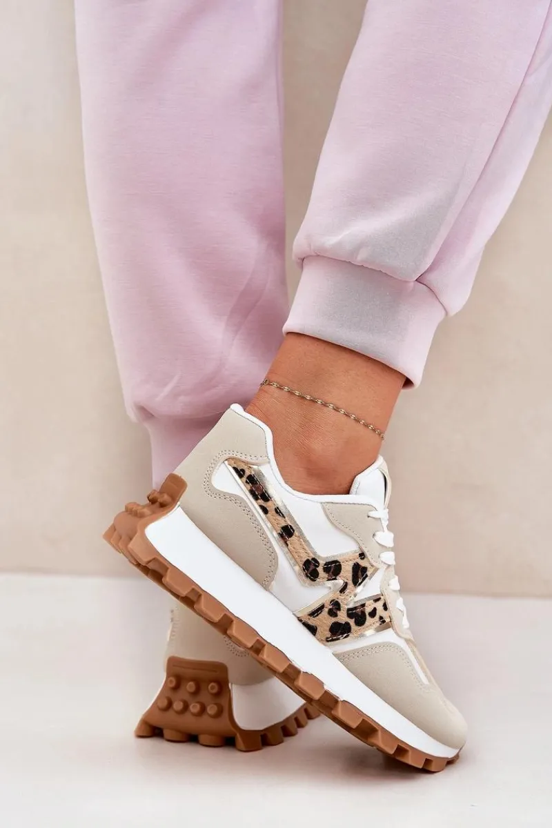 Sneakersy Damskie>Boto Sneakersy Buty Sportowe Damskie Panterka Beżowe Kalelia