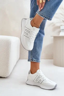 Hot Sneakersy Buty Sportowe Na Platformie Damskie Biało-Szare Thari Damskie Buty Sportowe Na Platformie|Sneakersy Damskie