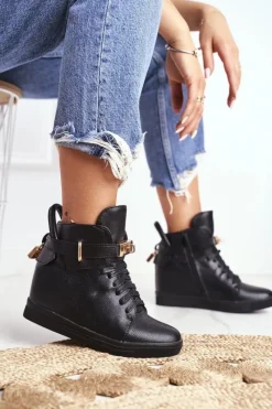 Sneakersy Damskie>Boto Sneakersy Damskie Na Koturnie Złota Kłódka Całe Czarne Tersey