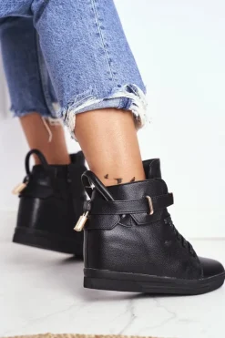 Sneakersy Damskie>Boto Sneakersy Damskie Na Koturnie Złota Kłódka Całe Czarne Tersey