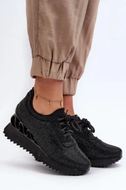 Hot Damskie buty S.Barski Sneakersy Damskie Na Koturnie Zdobione Cyrkoniami D&A MR38-377 Czarne