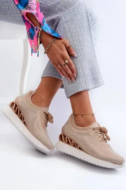 Sneakersy Damskie>Damskie buty S.Barski Sneakersy Damskie Na Koturnie Zdobione Cyrkoniami D&A MR38-377 Beżowe