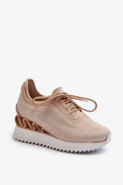 Sneakersy Damskie></noscript>Damskie buty S.Barski Sneakersy Damskie Na Koturnie Zdobione Cyrkoniami D&A MR38-377 Beżowe