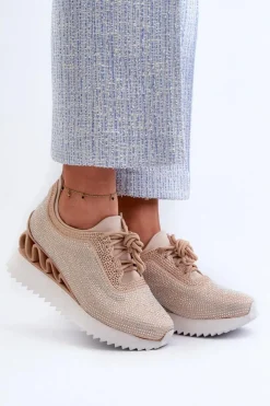 Sneakersy Damskie></noscript>Damskie buty S.Barski Sneakersy Damskie Na Koturnie Zdobione Cyrkoniami D&A MR38-377 Beżowe