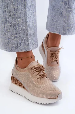 Sneakersy Damskie></noscript>Damskie buty S.Barski Sneakersy Damskie Na Koturnie Zdobione Cyrkoniami D&A MR38-377 Beżowe