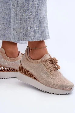 Sneakersy Damskie></noscript>Damskie buty S.Barski Sneakersy Damskie Na Koturnie Zdobione Cyrkoniami D&A MR38-377 Beżowe