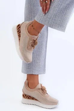 Sneakersy Damskie></noscript>Damskie buty S.Barski Sneakersy Damskie Na Koturnie Zdobione Cyrkoniami D&A MR38-377 Beżowe