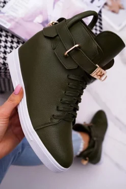 Sneakersy Damskie>Boto Sneakersy Damskie Na Koturnie Złota Kłódka Oliwkowe Tersey