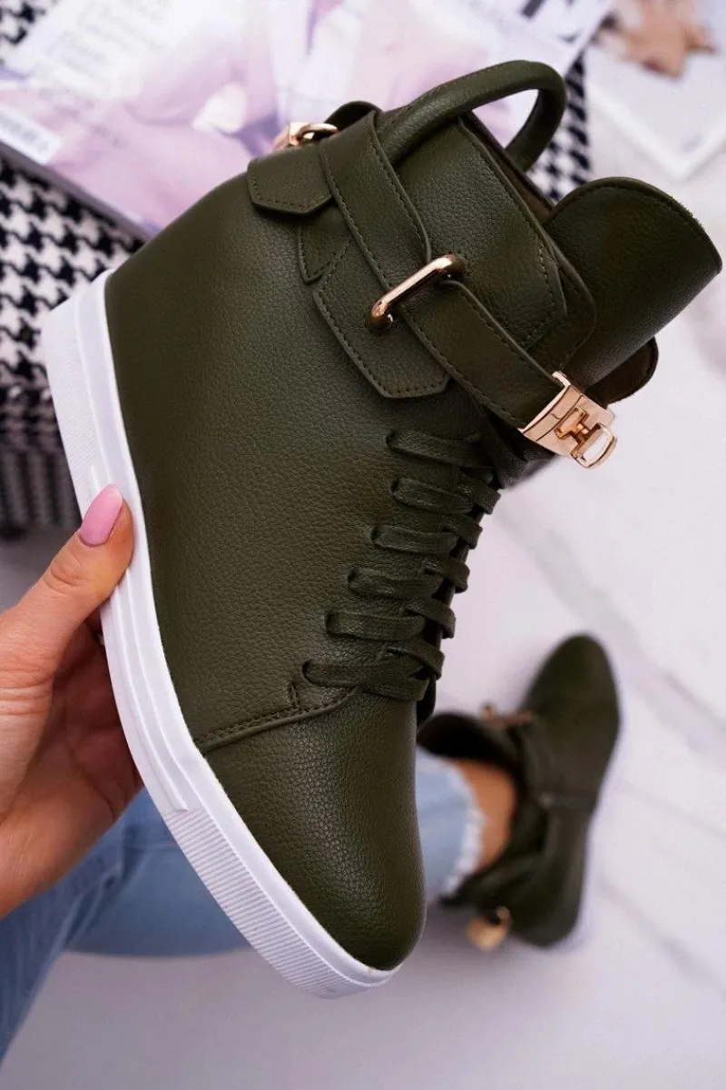 Sneakersy Damskie>Boto Sneakersy Damskie Na Koturnie Złota Kłódka Oliwkowe Tersey