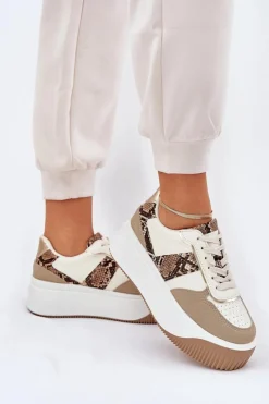 Sneakersy Damskie Na Masywnej Platformie Zwierzęcy Wzór Beżowe Telanila Damskie Buty Sportowe Na Platformie|Sneakersy Damskie