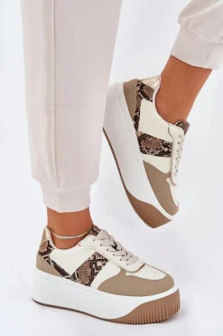 Sneakersy Damskie Na Masywnej Platformie Zwierzęcy Wzór Beżowe Telanila Damskie Buty Sportowe Na Platformie|Sneakersy Damskie