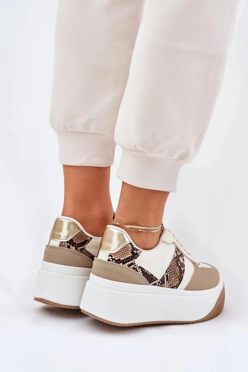 Sneakersy Damskie Na Masywnej Platformie Zwierzęcy Wzór Beżowe Telanila Damskie Buty Sportowe Na Platformie|Sneakersy Damskie