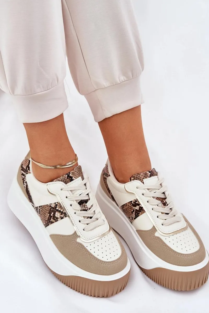 Sneakersy Damskie Na Masywnej Platformie Zwierzęcy Wzór Beżowe Telanila Damskie Buty Sportowe Na Platformie|Sneakersy Damskie