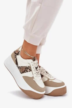 Sneakersy Damskie Na Masywnej Platformie Zwierzęcy Wzór Beżowe Telanila Damskie Buty Sportowe Na Platformie|Sneakersy Damskie